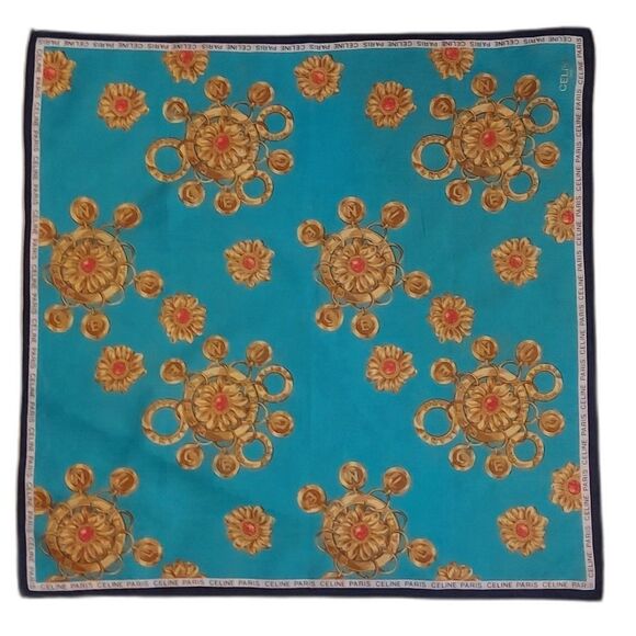 Celine Scarf Hankerchief Vintage cotton turquoise luxury designer scarf … - Picture 1 of 8